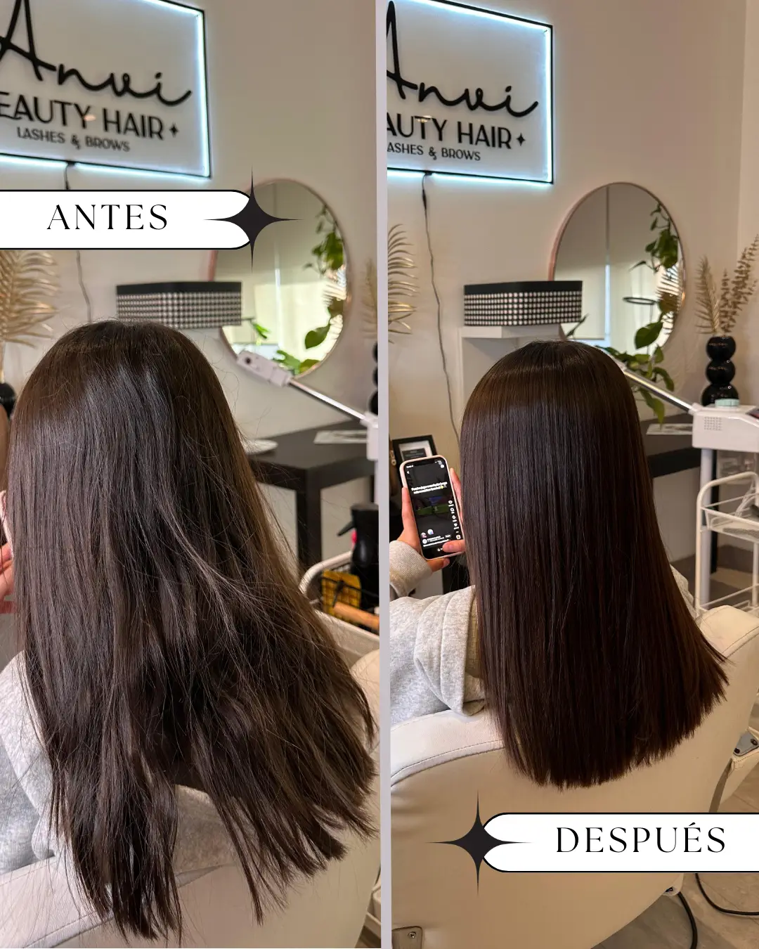 Resultado de alisado orgánico en Polanco: antes con frizz y después con cabello liso, brillante y sedoso.